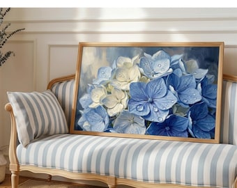 Blue Hydrangea Wall Art with rain droplets Printable, Vintage Floral Oil Painting, Cottagecore Grandmillennial Botanical Decor Download