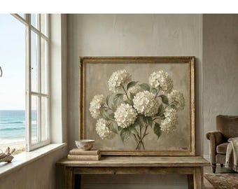 White Hydrangea Coastal Wall Art Printable, Grandmillennial Hydrangea Print, Vintage Botanical Flower Decor, Cottagecore Beach House Digital