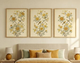 Golden Chinoiserie Wallpaper set of 3 Yellow matted bird print, chinoiserie wall art, 3 panels wall art, japanese tapestry, digital download