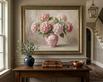 Rustic Oil Painting of Pink Hydrangea | Ready-to-Hang Premium Matte Paper Wooden Framed Poster, Farmhouse Floral Wall Art