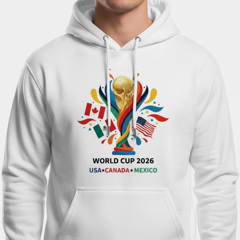 May include: White hoodie featuring a colorful graphic of the World Cup trophy, flags of the USA, Canada, and Mexico, and the text "WORLD CUP 2026 USA*CANADA*MEXICO". The design includes a gold trophy and vibrant accents.