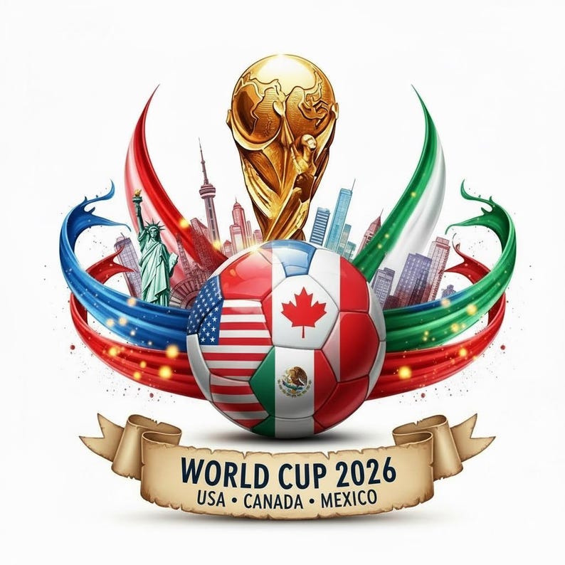May include: A vibrant graphic for the 2026 World Cup, featuring a soccer ball with flags of the USA, Canada, and Mexico. The image includes the World Cup trophy, city skylines, and a banner that reads "WORLD CUP 2026 USA &bull; CANADA &bull; MEXICO."