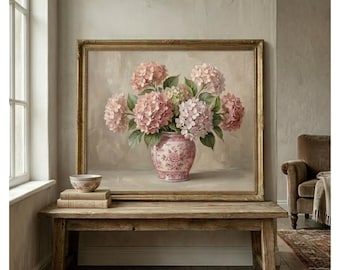 Rustic Oil Painting of Pink Hydrangea - Cozy Floral Art, Farmhouse Decor, Neutral Tones, Printable Wall Art, Ceramic Vase Print