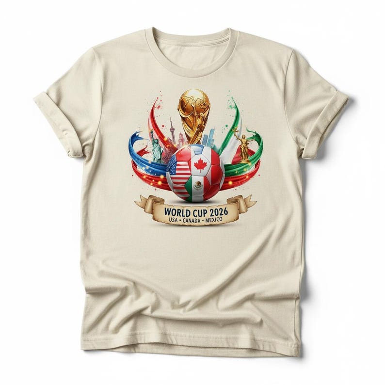 May include: A cream-colored t-shirt featuring a graphic design for the 2026 World Cup. The design includes a soccer ball with flags of the USA, Canada, and Mexico, a gold trophy, and ribbons. The text "WORLD CUP 2026 USA CANADA MEXICO" is displayed on a banner.