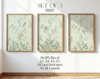 Pastel Green Chinoiserie Wall Art Set of 3 Hydrangea Prints Bird & Floral Panel Grandmillennial Botanical Decor Vintage Tapestry