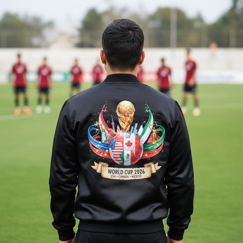 May include: Black bomber jacket with a colorful graphic on the back featuring the World Cup trophy, flags of the USA, Canada, and Mexico, and the text "World Cup 2026 USA Canada Mexico". The jacket is worn by a person on a soccer field.