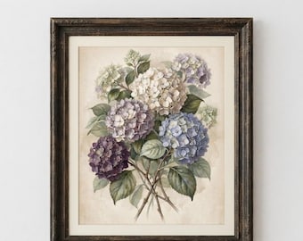 Hydrangea Wall Art, Botanical Floral Print, White Blue Purple Flower Painting, Grandmillennial Coastal Cottage Decor Digital Download
