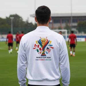 May include: White zip-up jacket with a colorful graphic on the back featuring the World Cup 2026 logo, flags of USA, Canada, and Mexico, and the text "WORLD CUP 2026 USA CANADA MEXICO". The jacket is worn by a person on a soccer field.