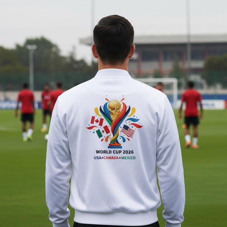 May include: White zip-up jacket with a colorful graphic on the back featuring the World Cup 2026 logo, flags of USA, Canada, and Mexico, and the text "WORLD CUP 2026 USA CANADA MEXICO". The jacket is worn by a person on a soccer field.