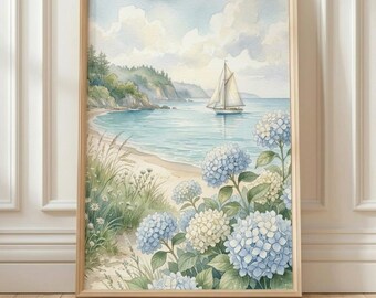 Blue Hydrangea Framed Print, Coastal Wall Art, Beach Cottage Decor, Blue White Botanical Artwork, Ready to Hang