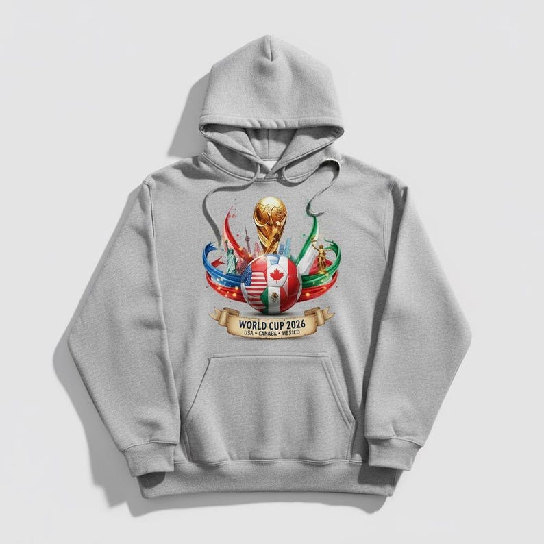 May include: A gray hooded sweatshirt featuring a graphic for the 2026 World Cup. The design includes a soccer ball with flags of the USA, Canada, and Mexico, a gold trophy, and ribbons. The text "WORLD CUP 2026" is displayed on a banner.
