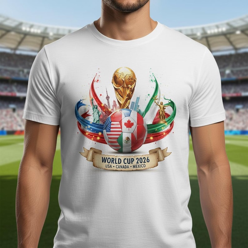 May include: White t-shirt featuring a colorful graphic design for the 2026 World Cup. The design includes a soccer ball with flags of the USA, Canada, and Mexico, along with the World Cup trophy and the text "WORLD CUP 2026 USA CANADA MEXICO".