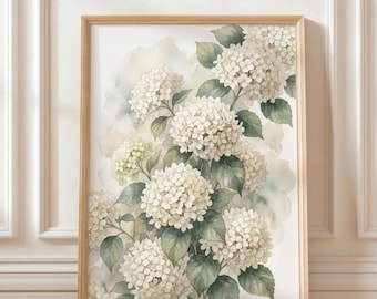 White Hydrangea Printable Art, Hydrangea Wall Art, White Botanical Print, Vintage Watercolor Floral Decor, Cottagecore Farmhouse Download