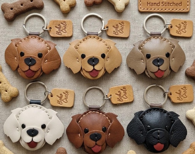 Handstitched Leather Spaniel Dog Keychain | Puppy Pet Tag