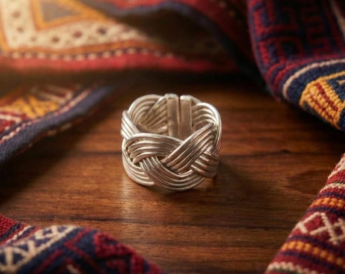 Chunky Woven Band Ring, Hand-Forged White Metal, Artisan Statement Jewelry