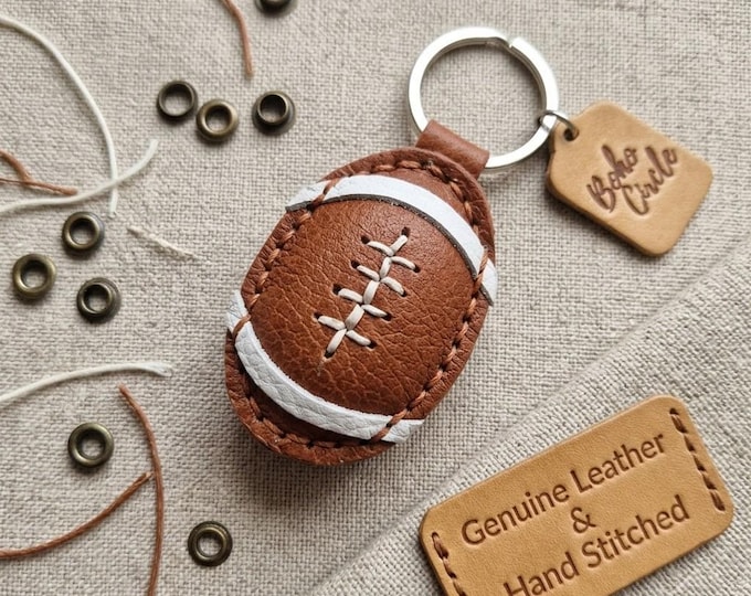 Personalized Leather Football Keychain, Hand-Stitched Sports Gift