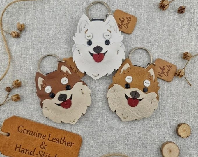 Handmade Leather Pomeranian Keyring, Boho Dog Charm, Artisan Leatherwork Bag Accessory