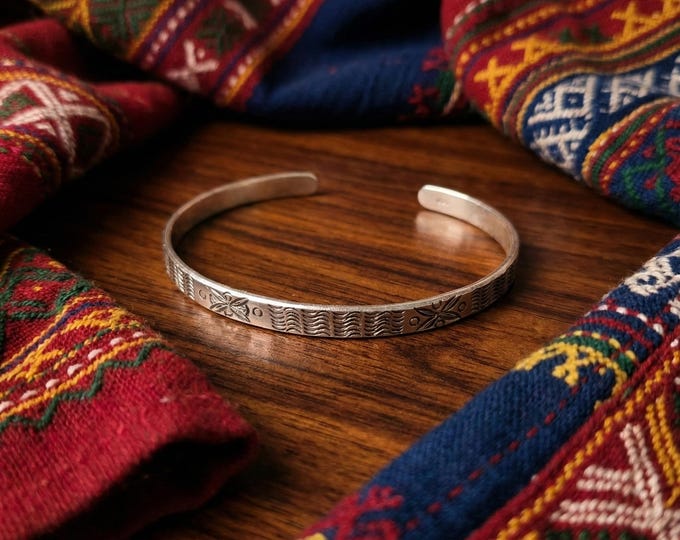 Hand-Forged Metal Cuff Bangle, Stamped Floral Pattern, Boho Tribal Wristband