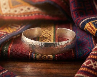 Hand-Forged Hammered Dome Cuff, Lustrous White Metal Bangle