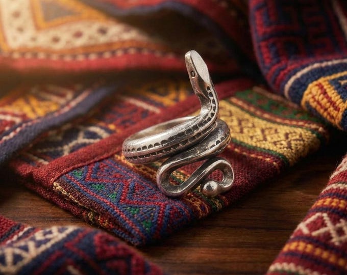 Hand-Forged Serpent Ring, White Metal Snake, Tribal Boho Jewelry