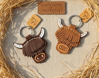 Handstitched Highland Cow Leather Keychain | Rustic Hairy Coo Bag Charm