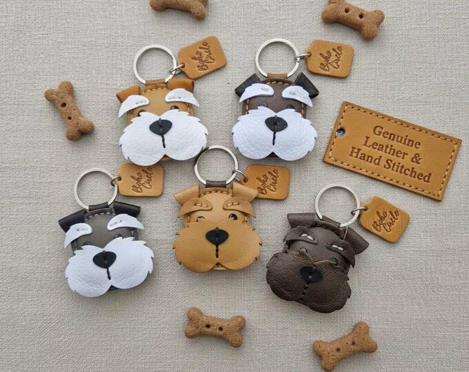 Handmade Leather Schnauzer Keychain | Miniature Schnauzer Dog Face Key Fob Charm | Terrier Gift UK