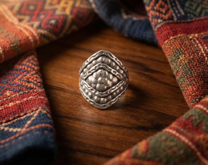 Hand-Forged White Metal Shield Ring, Adjustable Boho Jewelry