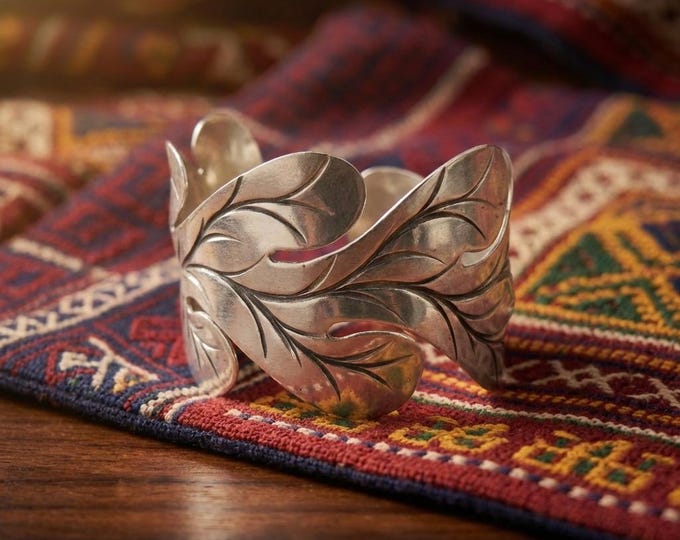 Bold Hand-Forged Leaf Bangle, Lustrous White Metal Statement Bracelet, Artisan Organic Jewelry, Boho Circle