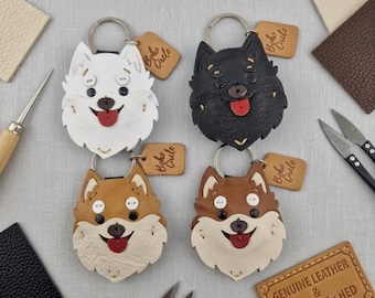 Handgefertigter Pomeranian-Schlüsselanhänger aus Leder, Boho-Hundeanhänger, kunstvoller Schlüsselanhänger, Taschenaccessoire, Geschenk für Tierliebhaber