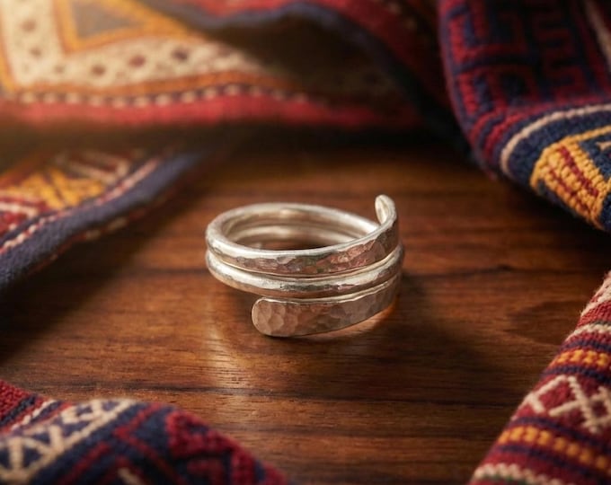 Fine Silver Wrap Ring, Hammered Boho Statement Jewelry, Ethically Sourced
