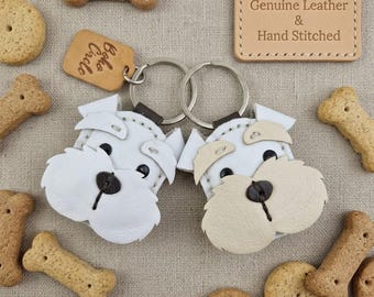 Hand-stitched Leather Wire Fox Terrier Keyring, Personalised Dog Bag Charm, Boho Circle Tag