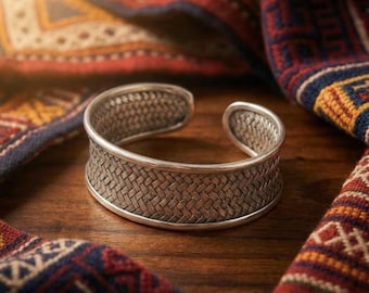 Hand-Woven Metallic Rattan Cuff, Artisan White Metal Bangle
