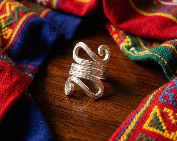 Hand-Forged Swirl Ring, Adjustable Boho Statement Jewelry