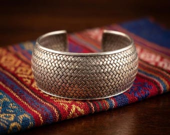 Hand-Woven Metallic Cuff, Artisan Basket Bangle, Boho Statement Jewelry
