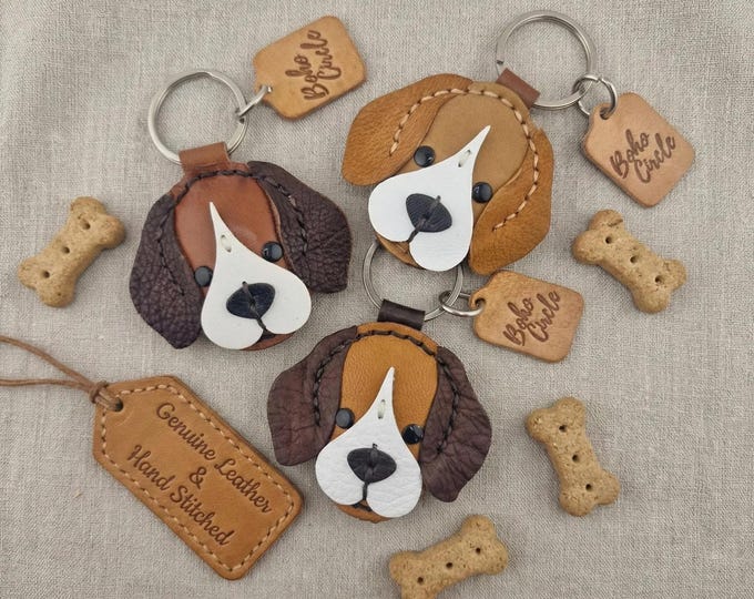 Handmade Leather Beagle Keychain | Bloodhound fob