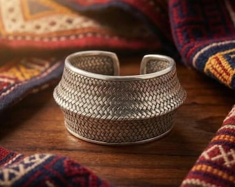 Hand-Woven Metallic Cuff, Artisan Boho Statement Bangle