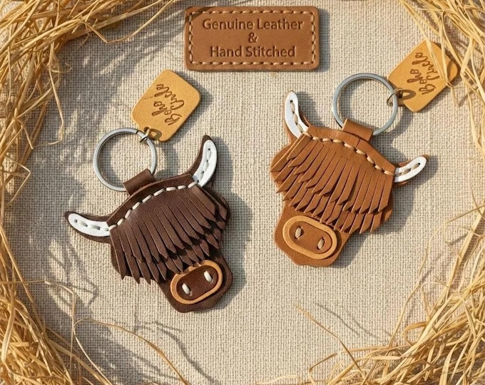 Handstitched Highland Cow Leather Keychain | Rustic Hairy Coo Bag Charm