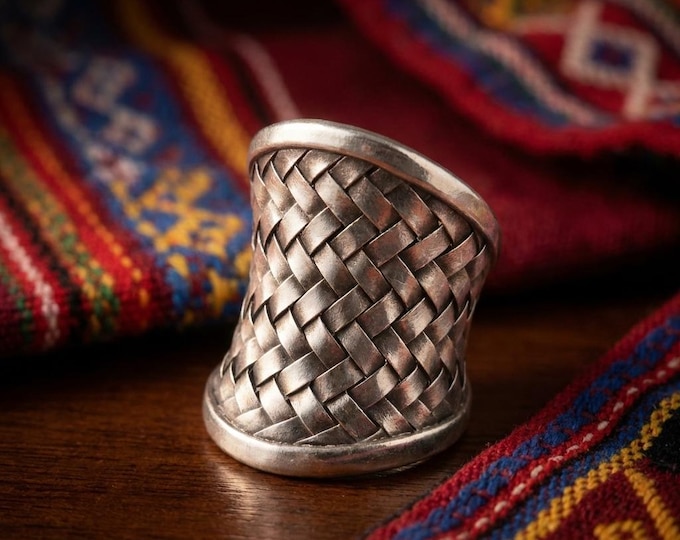 Hand-Woven Wide Band Ring, Chunky Boho Statement Ring