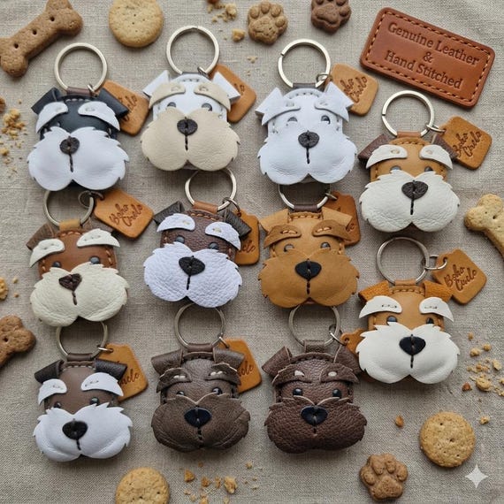 Handmade Leather Schnauzer Keyring, Boho Circle Dog Charm, Laser Etched Personalisation