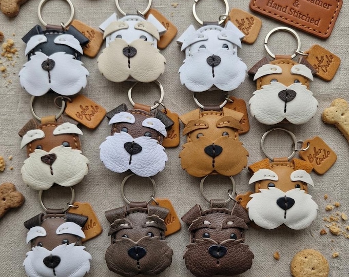 Handmade Leather Schnauzer Keyring, Boho Circle Dog Charm, Laser Etched Personalisation