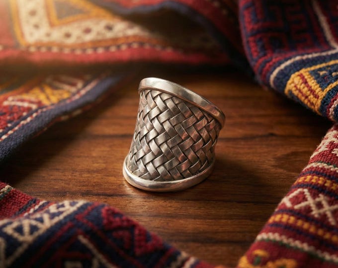 Hand Forged Woven Ring, Lustrous White Metal Wide Band, Adjustable Boho Statement