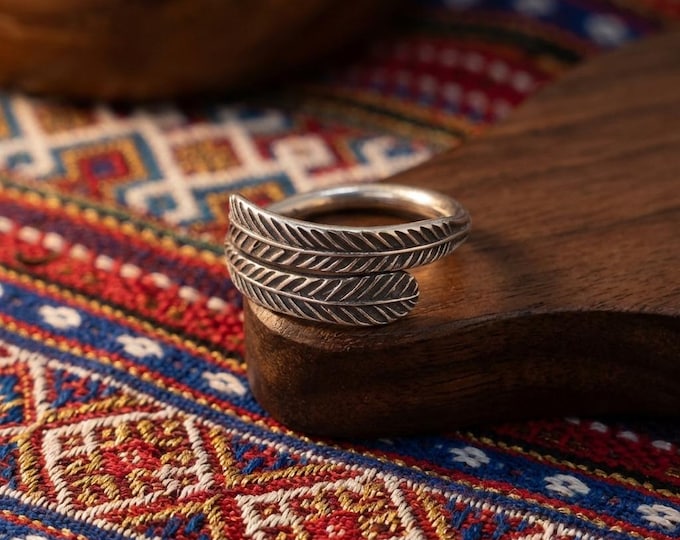 Karen Hill Tribe Silver Feather Ring, Adjustable Boho Wrap