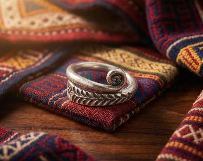 Karen Hill Tribe Silver Ring, Adjustable Fern Wrap, Boho Thumb Ring