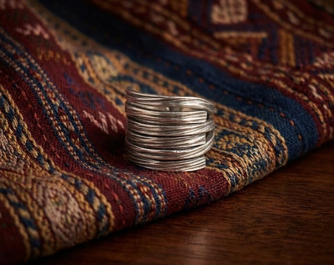 Hand-Forged Lustrous White Metal Ring, Chunky Woven Band, Bohemian Cuff