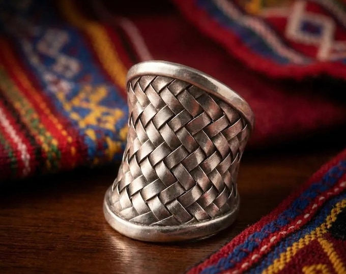 Hand-Woven Wide Band Ring, Chunky Boho Statement Ring