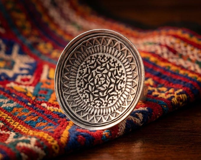 Hand-Forged Mandala Ring, Chunky White Metal Statement Band, Ethnic Boho Jewelry