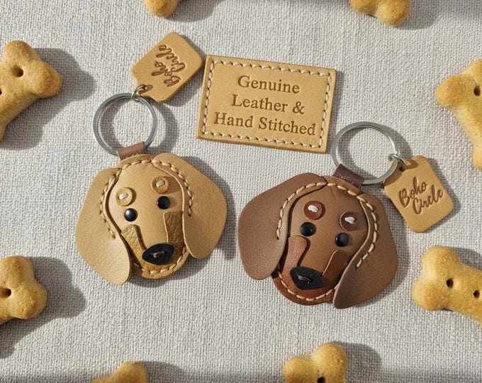 Artisan Leather Dachshund Charm | Tan or Black Dog Face Keyring | Long-Eared Dog Accessory