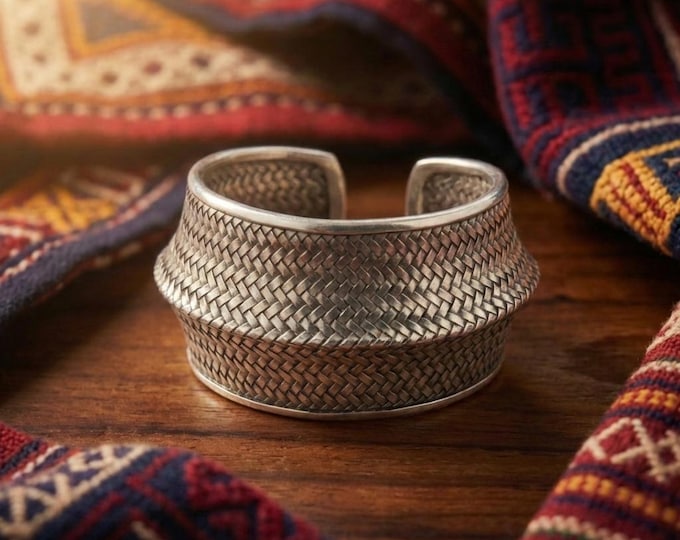 Hand-Woven Metallic Cuff, Artisan Boho Statement Bangle