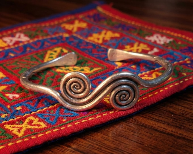Hand-Forged Spiral Cuff Bracelet, Lustrous White Metal Boho Jewelry