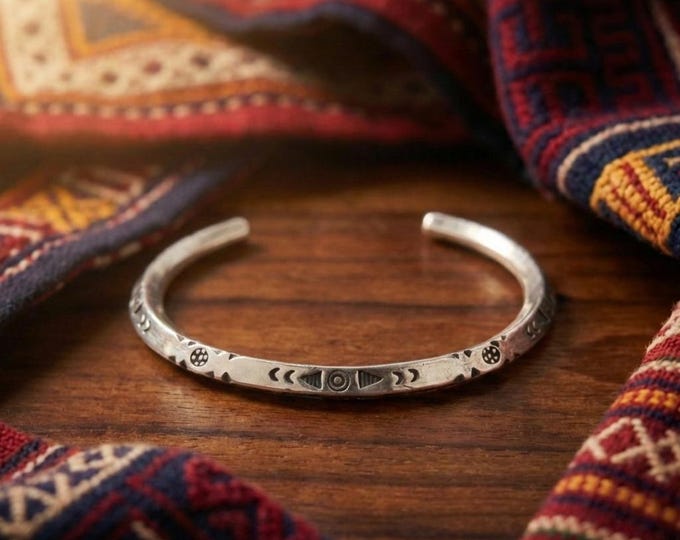 Hand-Forged Lustrous Metal Cuff, Tribal Motif Bangle